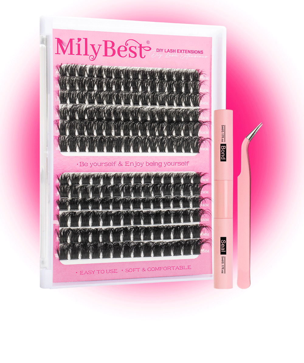 MilyBest eyelash extension set with applicator on a pink background