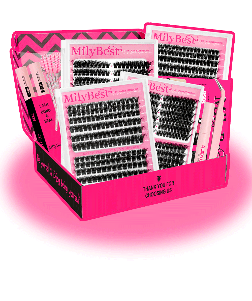 MilyBest false eyelashes packaging with pink and black design