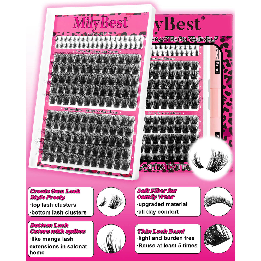 Mily Best false eyelashes set with packaging and tools on a white background