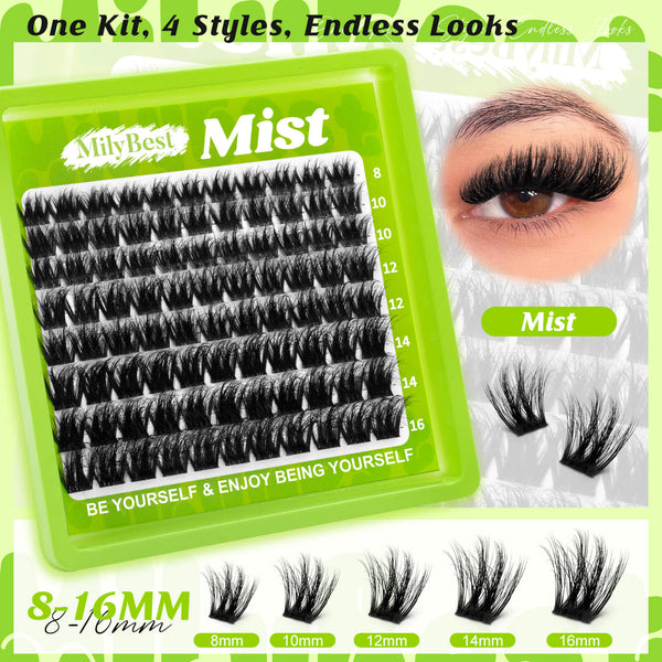 MilyBest Mist cluster lashes with packaging and close-up of lashes.