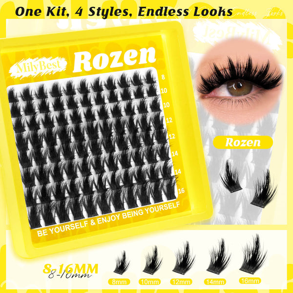 MilyBest Rozen cluster lashes with packaging and close-up of lashes.