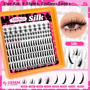 MilyBest cluster lashes kit with packaging and an eye wearing the lashes on a pink background.