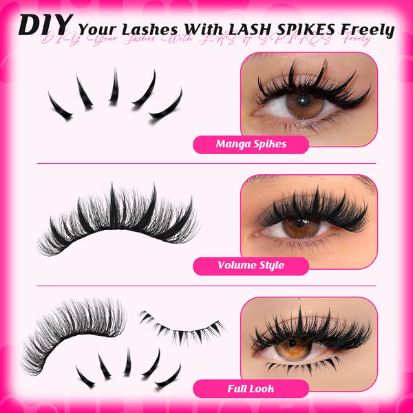 DIY lash spikes with examples on eyes against a pink background