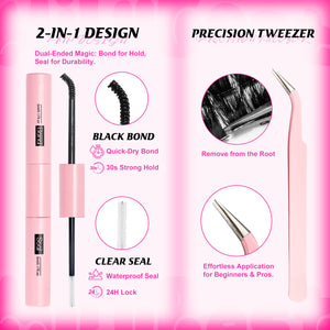 2-in-1 black bond and clear seal, tweezers, on a pink background.