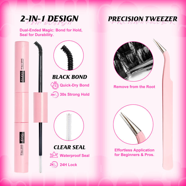 2-in-1 black bond and clear seal, tweezers, on a pink background.