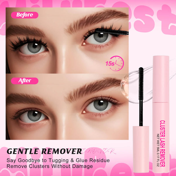 Cluster lash remover with a before and after comparison of eye lashes on a pink background