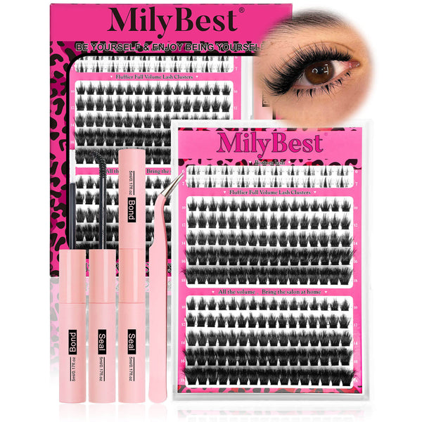 MilyBest Cove cluster lashes kit with packaging and tools on a white background