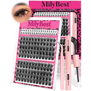 Mily Best false eyelashes set with packaging and tools on a white background