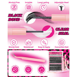 Pink packaging of false eyelashes with features listed on a white background