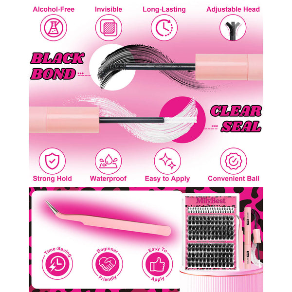 Pink packaging of false eyelashes with features listed on a white background