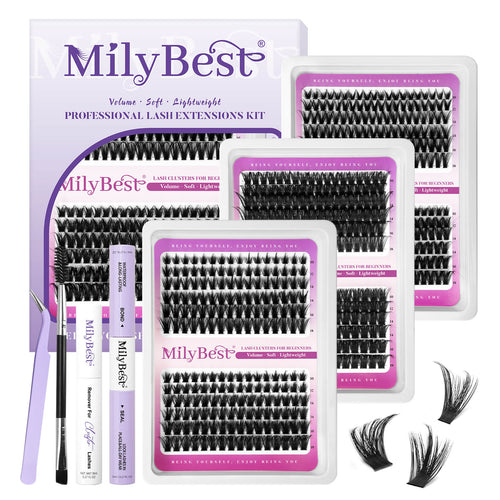 MilyBest eyelash extensions kit with multiple trays and tools on a white background