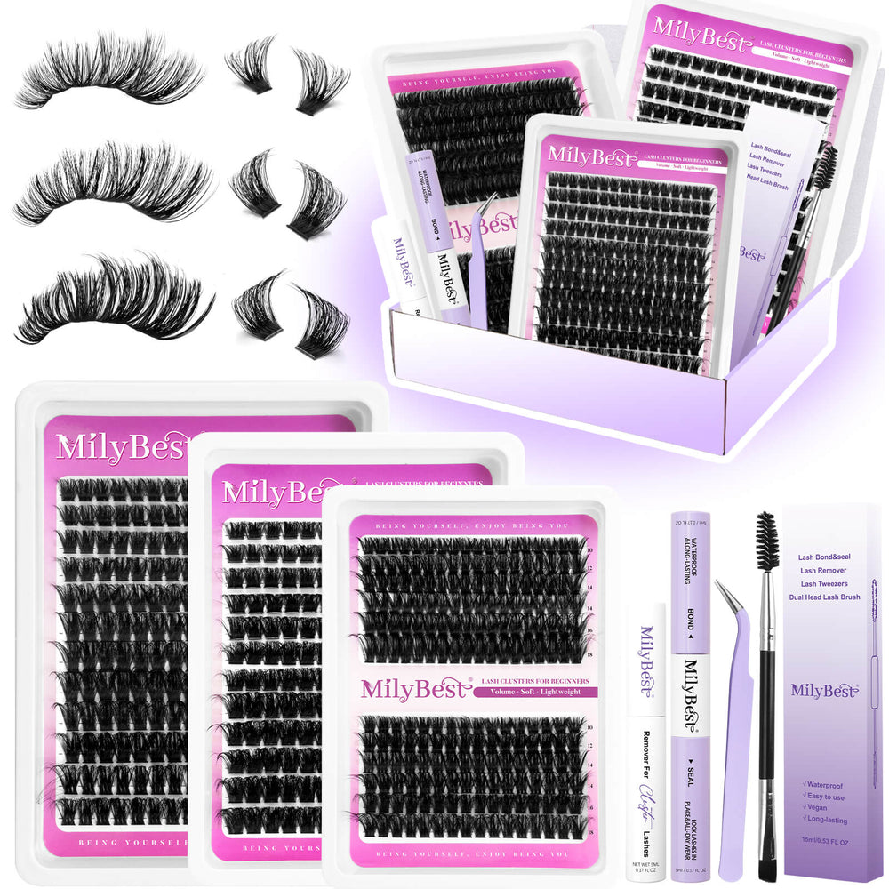 MilyBest cluster lashes kit with multiple trays of false eyelashes and application tools.