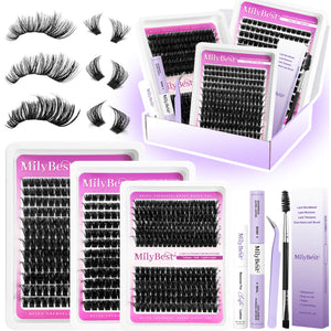 MilyBest cluster lashes set with packaging and tools on a white background
