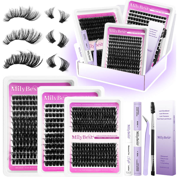 MilyBest cluster lashes set with packaging and tools on a white background