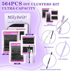 MilyBest DIY lash clusters kit with packaging and tools on a purple background