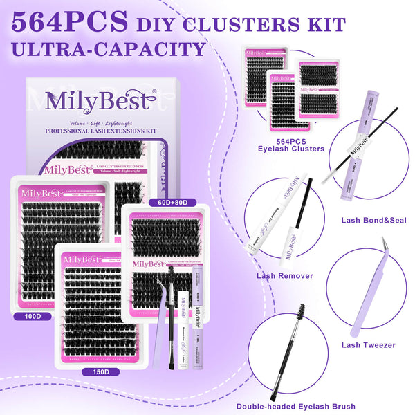 MilyBest DIY lash clusters kit with packaging and tools on a purple background