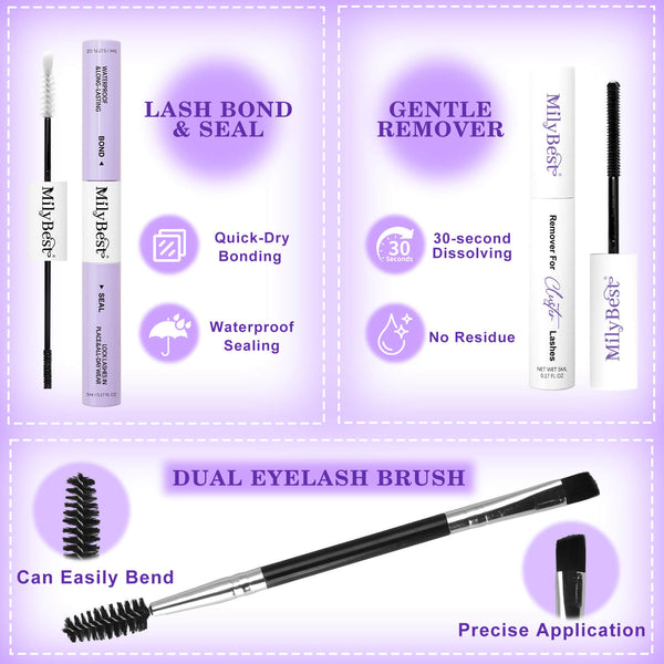 Mily Best eyelash products including lash bond, remover, and brush on a purple background with text highlighting features.