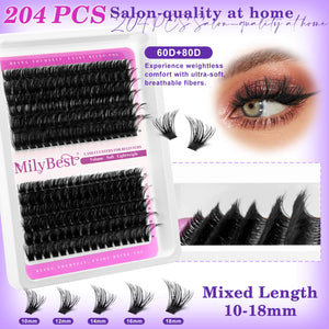 MilyBest false eyelashes tray with product display and text on a purple background