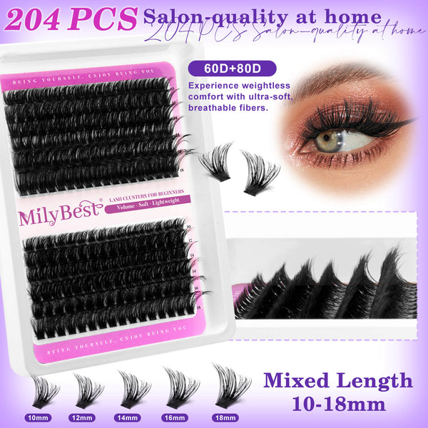 MilyBest false eyelashes tray with product display and text on a purple background