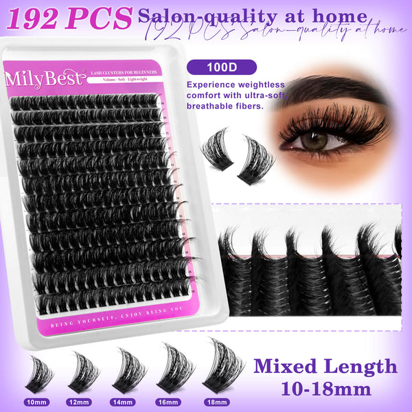 MilyBest cluster lashes with lashes displayed and a close-up of an eye wearing the lashes on a purple background.