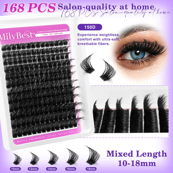MilyBest false eyelashes with an eye wearing the lashes and product details