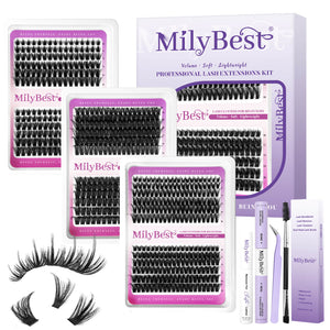 MilyBest lash extensions kit with false eyelashes and tools on a white background