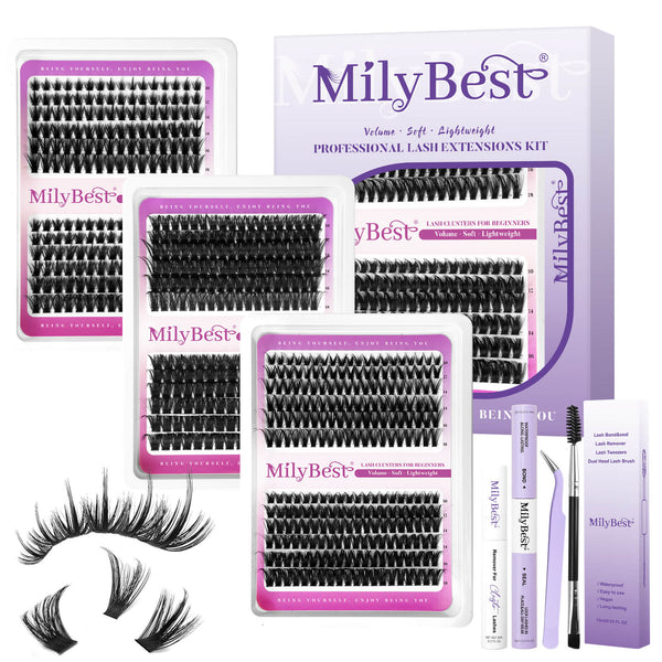 MilyBest lash extensions kit with false eyelashes and tools on a white background