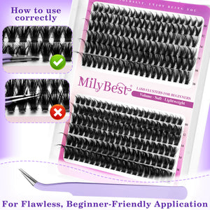 MilyBest lash clusters packaging with application instructions on a purple background