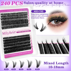 MilyBest false eyelashes packaging with an eye wearing the lashes and additional lashes displayed.