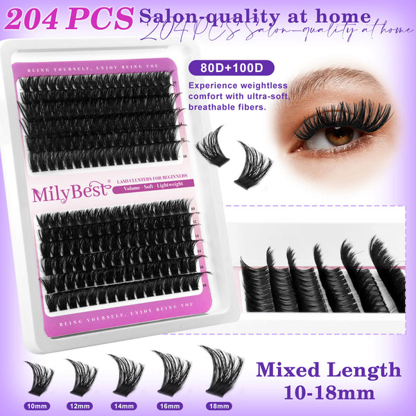 MilyBest false eyelashes packaging with a close-up of applied lashes on a purple background.