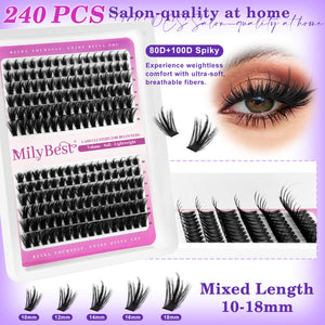 MilyBest false eyelashes packaging with a close-up of applied lashes on a purple background.
