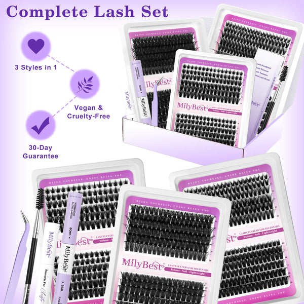 MilyBest complete lash set with packaging on a purple background