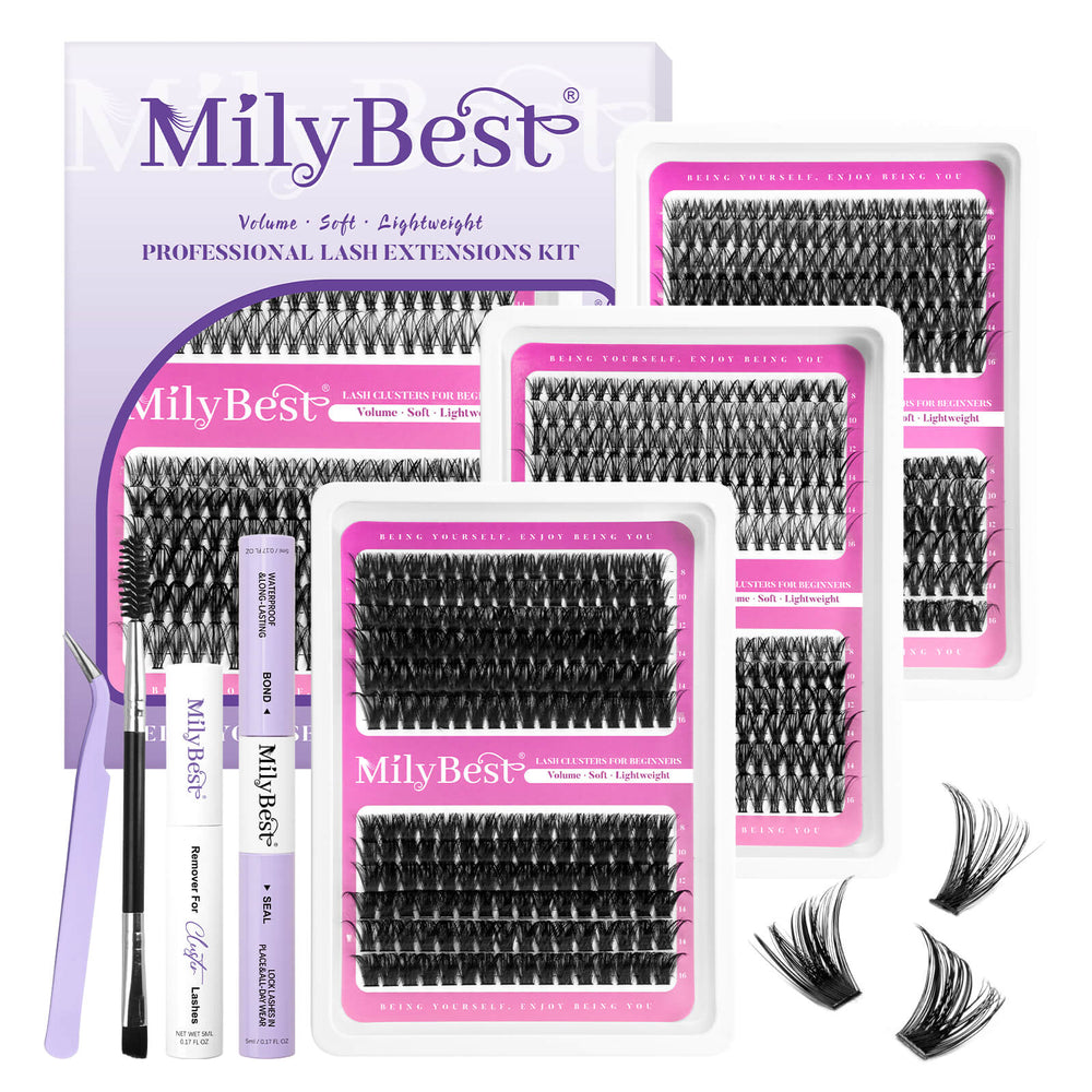 MilyBest lash extensions kit with false eyelashes and tools on a white background