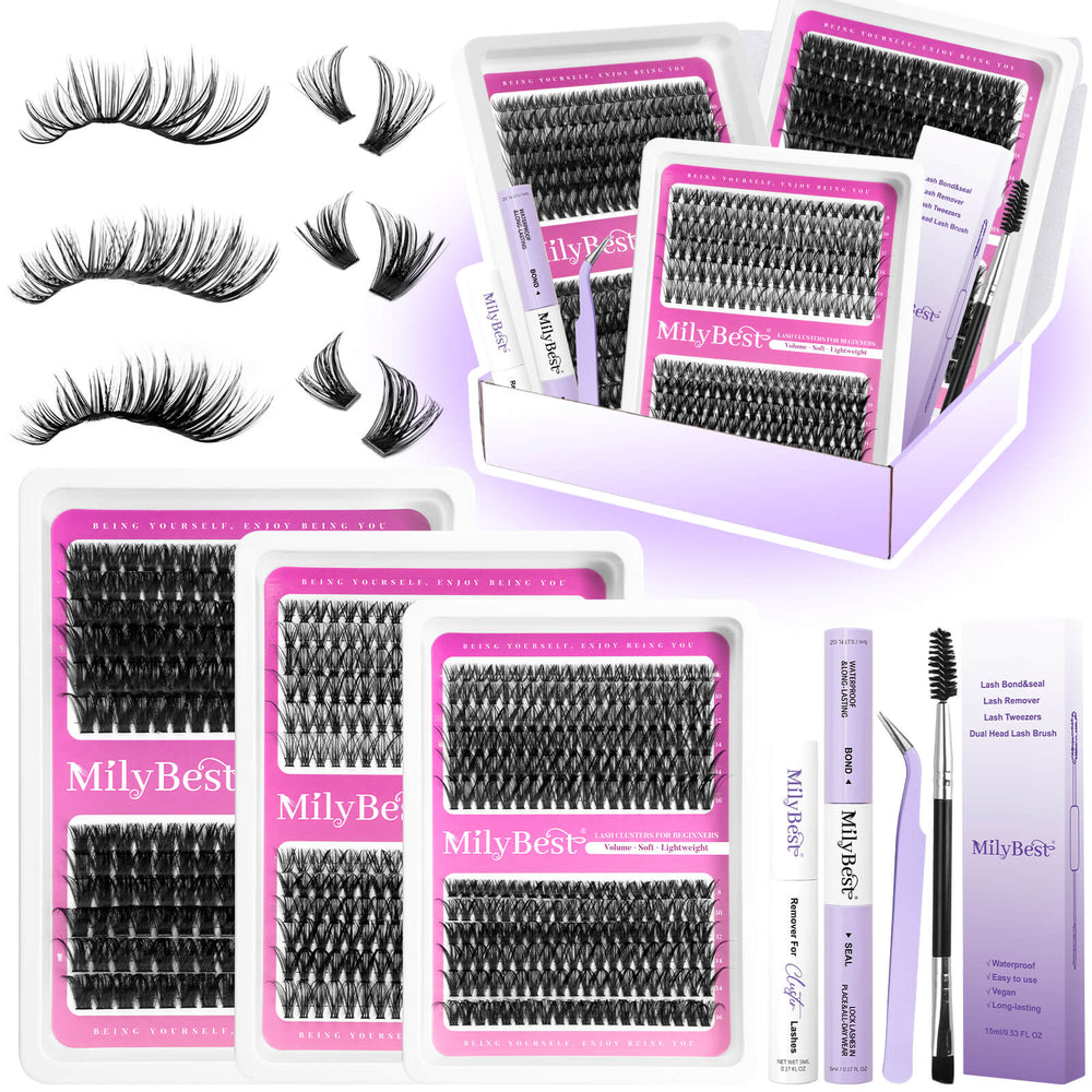 MilyBest lash extensions kit with false eyelashes and tools on a white background