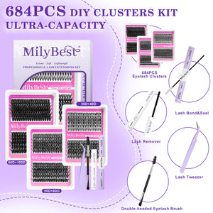 MilyBest DIY lash extensions kit include lash tray and tools on a purple background
