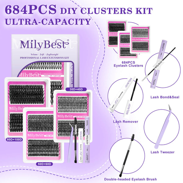MilyBest DIY lash extensions kit include lash tray and tools on a purple background