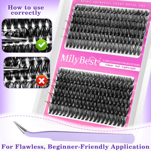 MilyBest false eyelashes packaging with application instructions on a purple background
