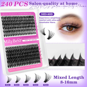 MilyBest false eyelashes packaging with product display and text on a purple background