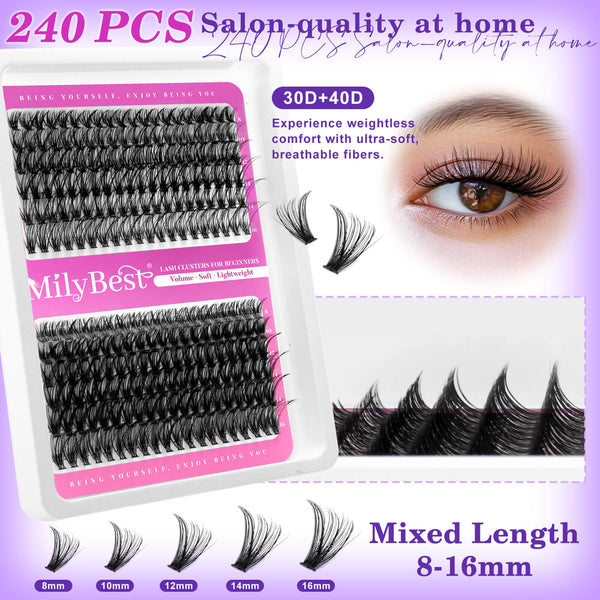 MilyBest false eyelashes packaging with product display and text on a purple background