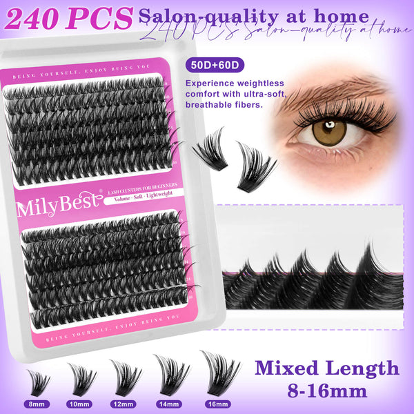 MilyBest false eyelashes packaging with a close-up of an eye wearing the lashes on a purple background.