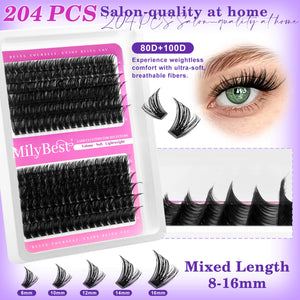 MilyBest false eyelashes packaging with product display and text on a purple background