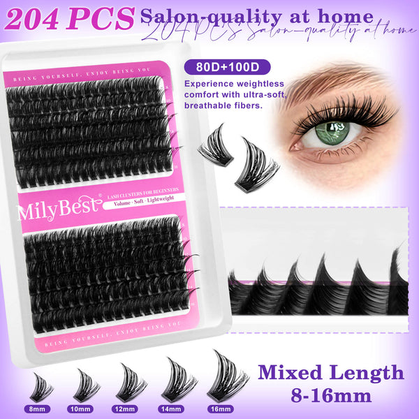 MilyBest false eyelashes packaging with product display and text on a purple background