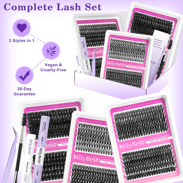 MilyBest complete lash set with multiple packages on a purple background