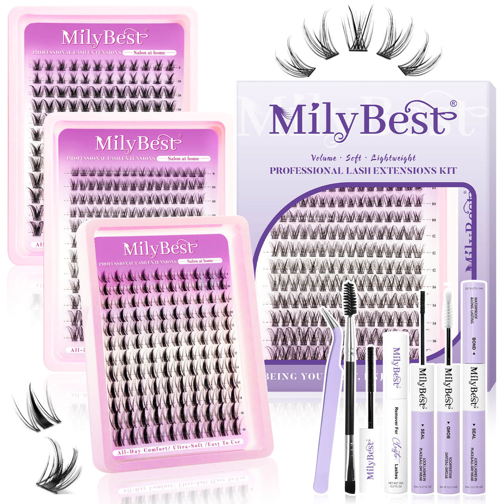 MilyBest lash extensions kit with packaging and tools on a white background