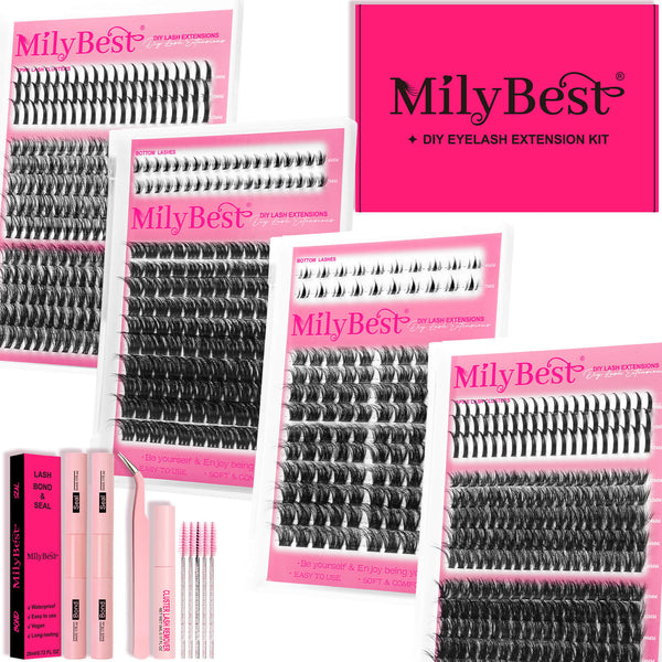 MilyBest DIY eyelash extension kit with multiple packages of false eyelashes on a white background.