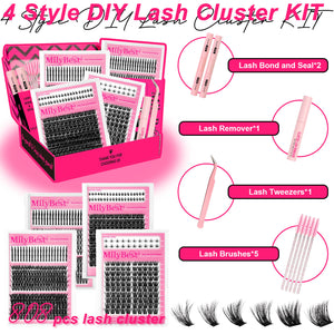 MilyBest DIY Lash Cluster Kit with packaging, lashes, and tools on a pink background