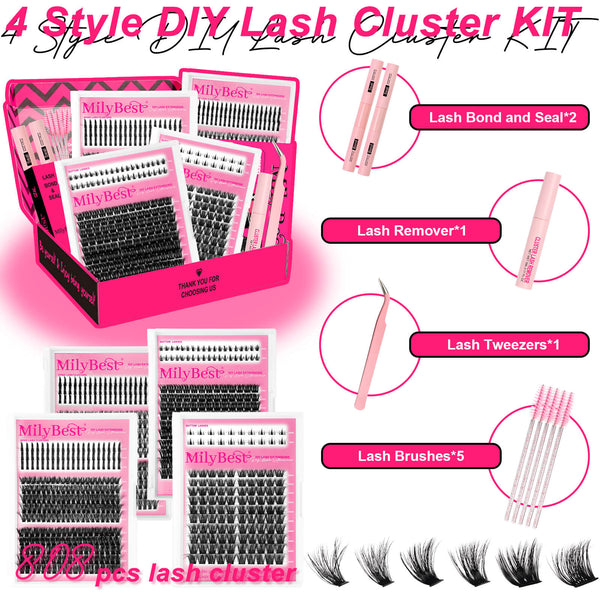 MilyBest DIY Lash Cluster Kit with packaging, lashes, and tools on a pink background