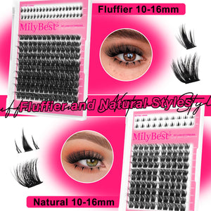 MilyBest false eyelashes packaging with fluffier and natural styles on a pink background.
