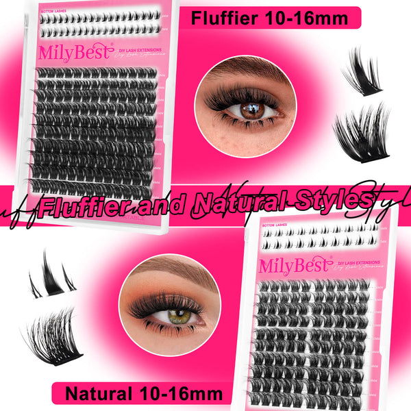 MilyBest false eyelashes packaging with fluffier and natural styles on a pink background.