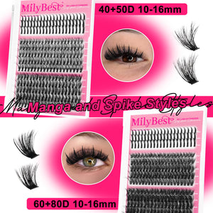 MilyBest manga and spike cluster lash styles packaging with pink background and product display.